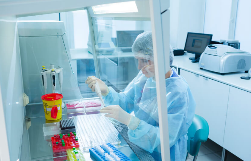 Ветеринар изучает результаты анализов: бланки, пробирки, ноутбук рядом